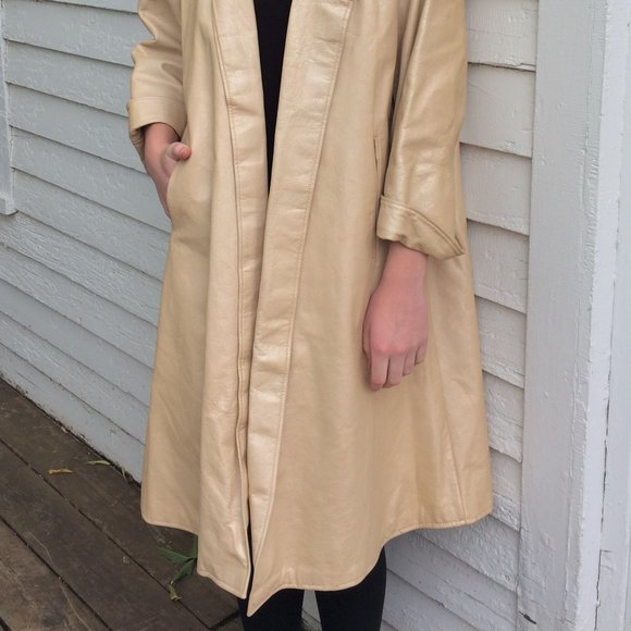 Open Front Leather Coat 60s Champagne Ivory Pleather Fur Trim Midcentury - Picture 7 of 8